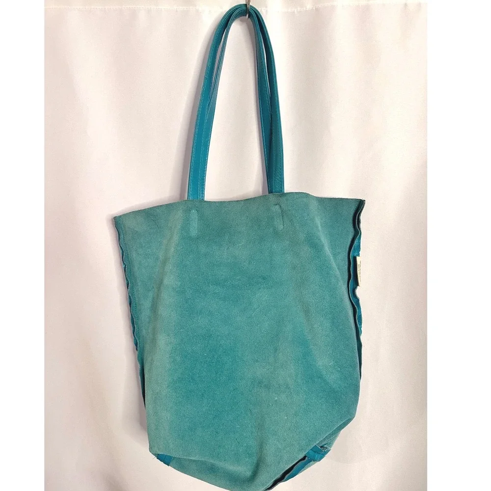 BAGGU Vintage Leather Tote Bag Rare Turquoise Blue